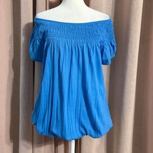Blue Babydoll Smocked Neck Off-Shoulder Top Large